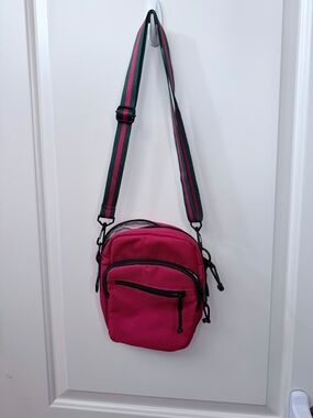 Red Crossbody Shoulder Bag with Striped Adjustable Strap